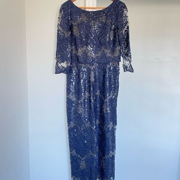 Tahari Arthur S. Levine Boat Neck 3/4 Sleeve Embroidered A-Line Gown - Picture 1 of 14